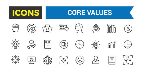 Core Values Icon Set, Full Vector Outline Style Icons, Commitment, Environmentalism Icons, Personal Growth, Innovation, Family, Problem Solving, Vector Illustration