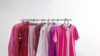women's clothing in pink and burgundy trendy colors on a hanger - 790796370