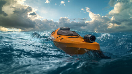 Orange kayak navigating through the rough sea waves