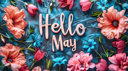 Naklejka premium Bright and cheerful Hello May with vivid spring flowers.