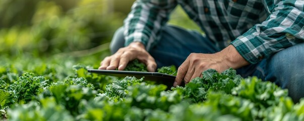 A farmer using a tablet to track vegetable growth and health in a smart farm setting, technology aiding agriculture, ideal for text on the left