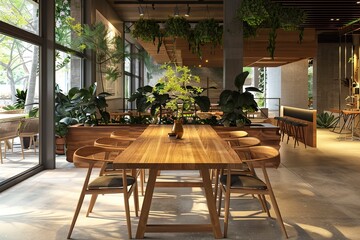 Wooden Table and Chairs in Modern Cafe Interior