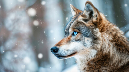 Obraz premium A portrait of a brown and grey wolf with bright blue eyes