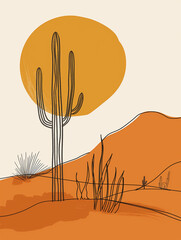 Desert landscape with cactus and sun
