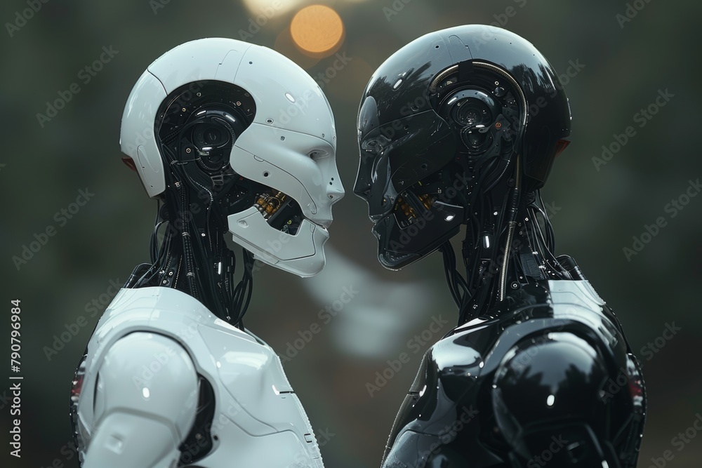 Poster high-resolution image depicting two humanoid robots with detailed features