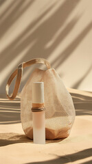 Stylish cosmetic spray bottle encased in a netted bag with shadows