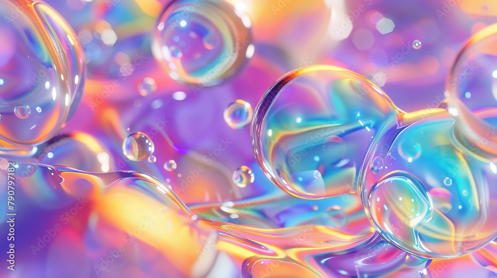 Poster holographic floating liquid blobs, soap bubbles, metaballs in an abstract 3d art background.