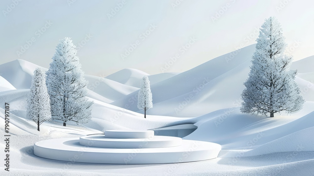 Poster This is an abstract winter landscape scene with a podium for displaying products. This render is in 3D.