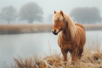 A serene image of a single brown horse standing thoughtfully in a misty, frosted field beside a tranquil river - obrazy, fototapety, plakaty