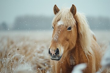Close-up of a beautiful Palomino horse in a snowy field - obrazy, fototapety, plakaty
