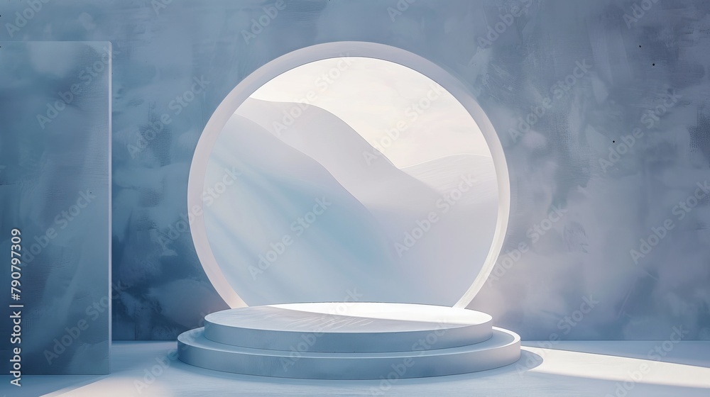 Leinwandbilder geometrical forms with a podium in natural light. minimal background. surreal background. 3d render.
