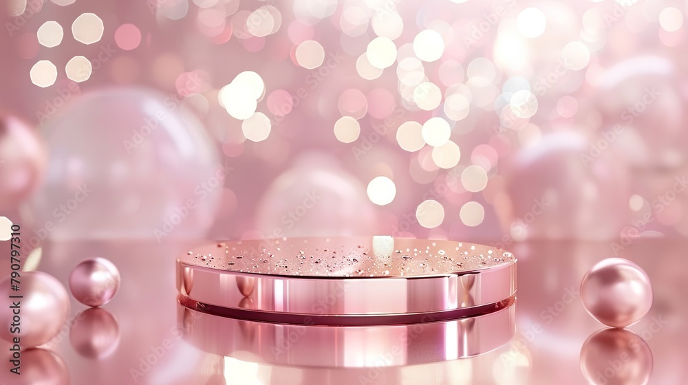 Poster An elegant bokeh background with a podium for displaying products. Image rendered in 3D.