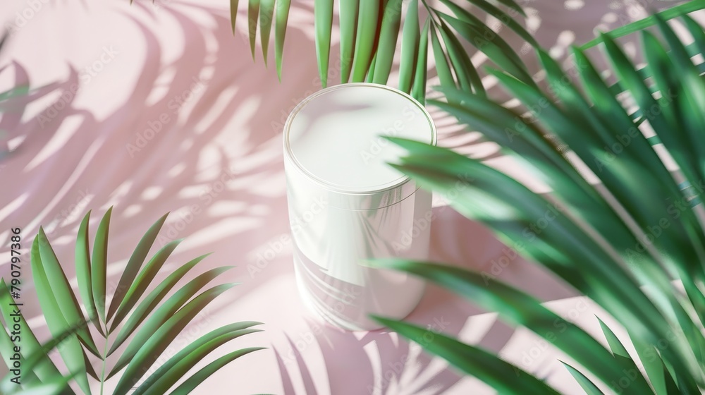 Aufkleber empty white cylinder box on summer scene with tropical palm leaves. for cosmetic product display. fl
