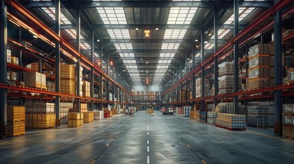Fototapeta premium Spacious Industrial Warehouse with High Storage Capacity. Logistics and Customs Concepts. Front View. container