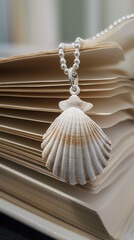 Elegant shell necklace on an open book with soft-focus background