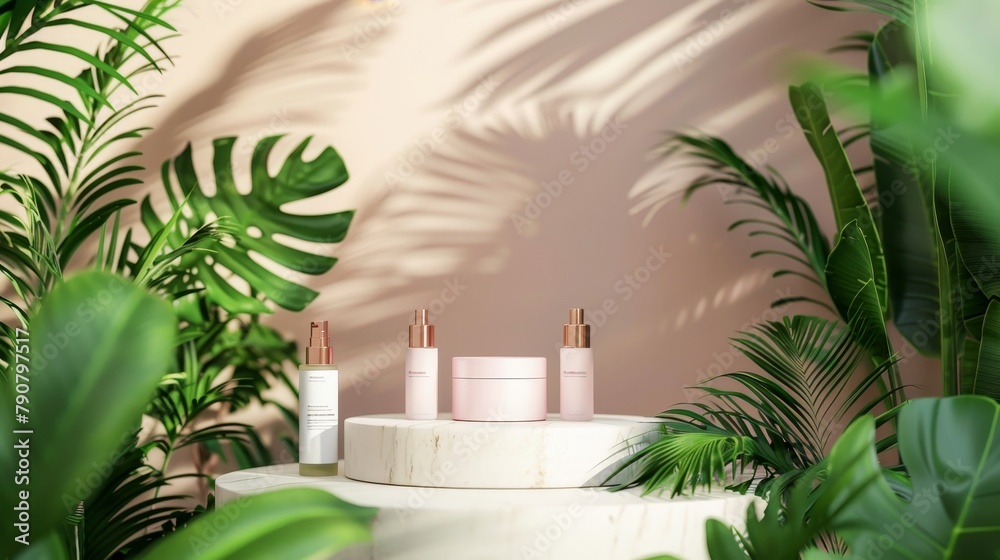 Poster an array of tropical palm leaves adorn a beauty podium backdrop for cosmetic product display. three-