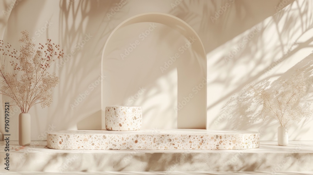 Poster The perfect podium backdrop for your next product display with Terrazzo texture. It is a 3D rendering.