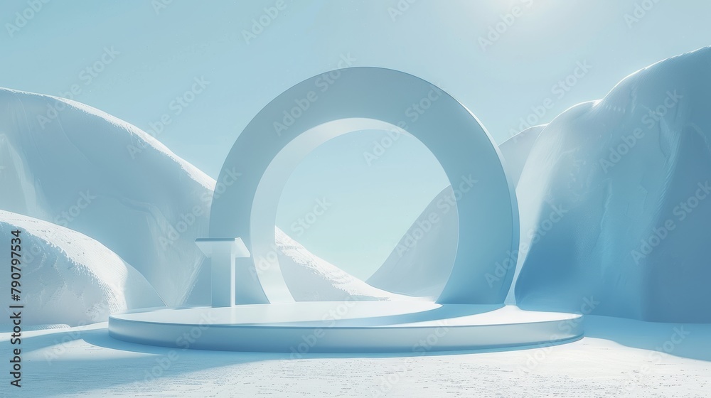 Poster An abstract winter scene featuring geometrical forms and an arch with a podium in natural light. A minimal background is combined with a surreal background. This is a 3D rendering.