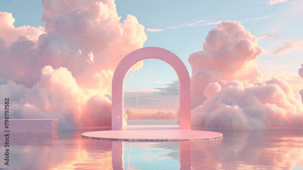 Poster this stunning podium backdrop features a dreamy cloudy sky with a romantic 3d seascape scene in the 