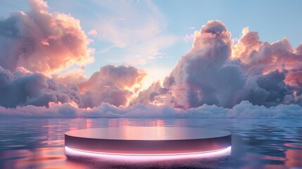 Beautiful 4K backdrop with dreamy clouds, neon light background, and romantic 3D seascape.