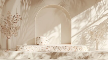 The perfect podium backdrop for your next product display with Terrazzo texture. It is a 3D rendering.