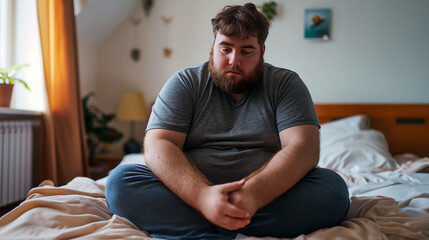 Depressed fat man sitting on bed at home, worried about overweight, insecurities