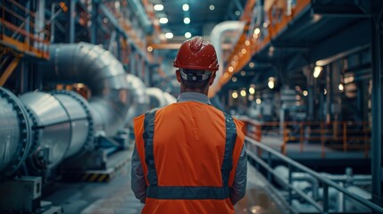 engineer inspecting equipment in a power plant, wearing a reflective safety vest and a hard hat, ensuring the smooth operation of machinery while prioritizing personal safety