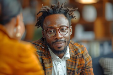 Fototapeta premium An engaging, sharp image capturing a stylish man with dreadlocks wearing glasses and a patterned blazer during an indoor conversation