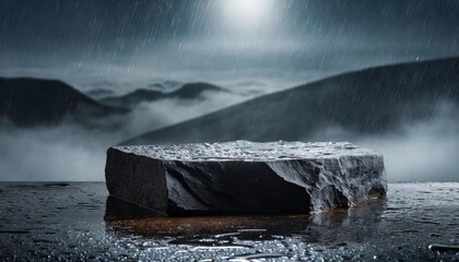 A product podium made of rock standing in the rain on a rainy and foggy night