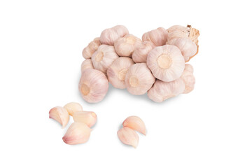 Bunched Garlic and cloves of garlic, isolated on white background with clipping path. Top view.