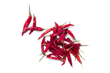 Group of  dried chili, sun-dried hot pepper , cayenne pepper or chili, isolated on white background with clipping path. Top view.