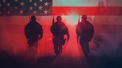 figure of three military personnel on the background of the American flag. Independence Day, Memorial Day, Veterans Day - obrazy, fototapety, plakaty