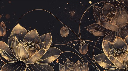 A modern illustration of a luxury lotus line arts cover design. A hand drawn gold lotus flower and leaves. Suitable for packaging design, social media posts, cover, banners, wall art.