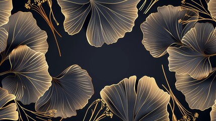 Modern illustration. Ginkgo leaves cover design background. Luxury Floral art deco. Gold natural wall art.