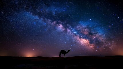 Lonely Camel in the Desert Night, generative ai - obrazy, fototapety, plakaty