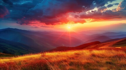 Beautiful sunset in the mountains. Dramatic sky. Beauty world