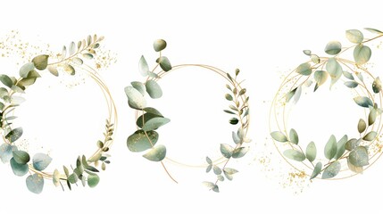 Gold wedding frame elements on white background with polygons, circles, glitter, eucalyptus leaves, and leaf branches. Elegant foliage design for weddings, cards, invitations, and greetings. - obrazy, fototapety, plakaty