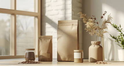 A mockup of sustainable packaging made from recycled materials in earthy tones, showcased in a minimalist environment.