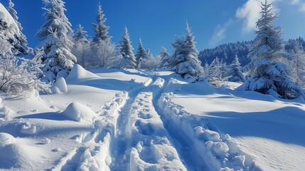 Fototapeta na wymiar Snowy Path Through Pine Forest, generative ai
