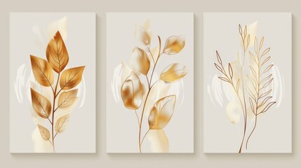 Naklejka premium Modern set of botanical wall art. Line art drawing with abstract shape. Abstract Plant Art design for wall framed prints, canvas prints, posters, home decor, covers, wallpapers.
