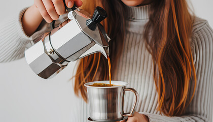 Woman pouring espresso from a geyser coffee maker into a cup on a white background