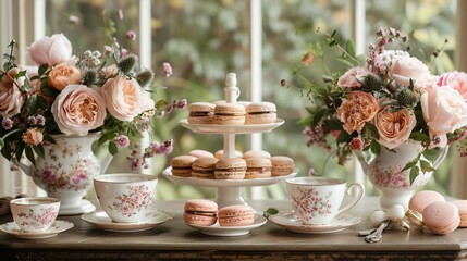 Elegance and Celebration with Tea, Macarons, and Flowers, generative ai