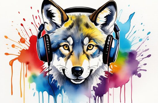 Wolf in headphones, photo for advertising