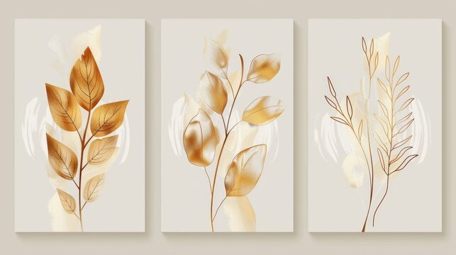 Naklejki Modern set of botanical wall art. Line art drawing with abstract shape. Abstract Plant Art design for wall framed prints, canvas prints, posters, home decor, covers, wallpapers.