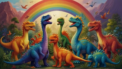 A whimsically vibrant group of dinosaur and dragon characters frolic together as friends, radiating...