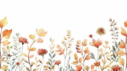 This is a hand drawn floral garden wallpaper with wildflowers, leaf, foliage in watercolor. It is suitable for banners, covers, decoration, and posters for the autumn season.