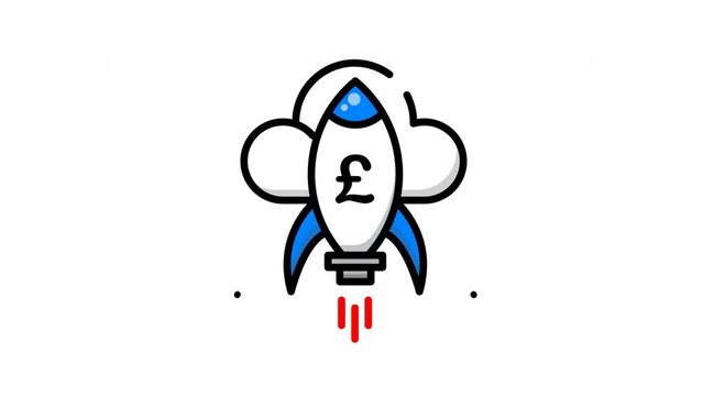 animated rocket with pound sterling sign and cloud, perfect for kids projects, spacethemed designs, educational materials, and sciencerelated content, business, finnance. Bright and fun!