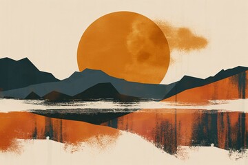Terracotta sun setting behind abstract mountains