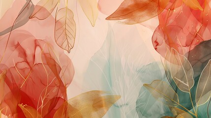 Background modern of abstract art, golden line art flower and botanical leaves, organic shapes, watercolor. Beautiful modern background for banners, posters, web and packaging.