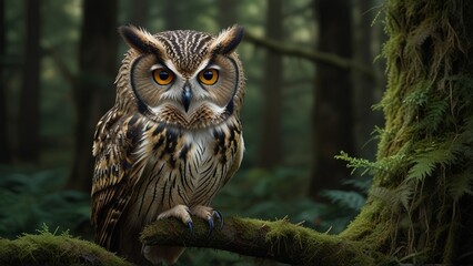 Obraz premium A wise old owl sits perched on a moss-covered branch, its gaze piercing into the depths of the forest. This hauntingly beautiful image captures the owl's ancient wisdom and deep connection to nature. 